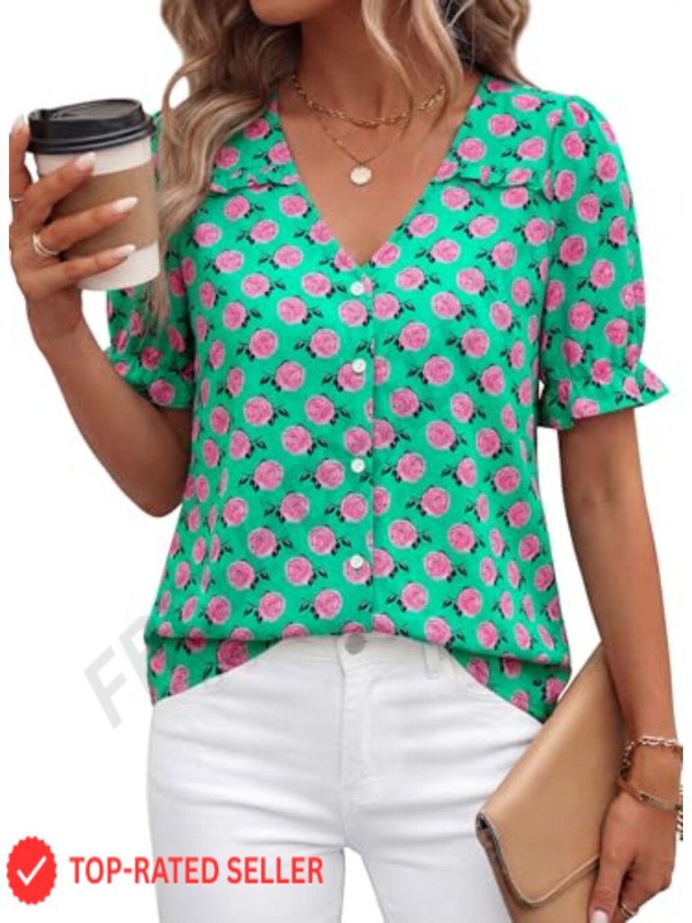 PRETTYGARDEN Womens Boho V Neck Puff Sleeve Floral Blouse Button Down